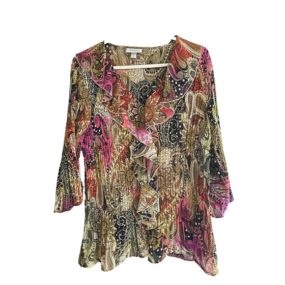 Dressbarn Multicolor Paisley Ruffle Grunge 3/4 Sleeve Top Womans Plus Size 1X - Picture 1 of 5
